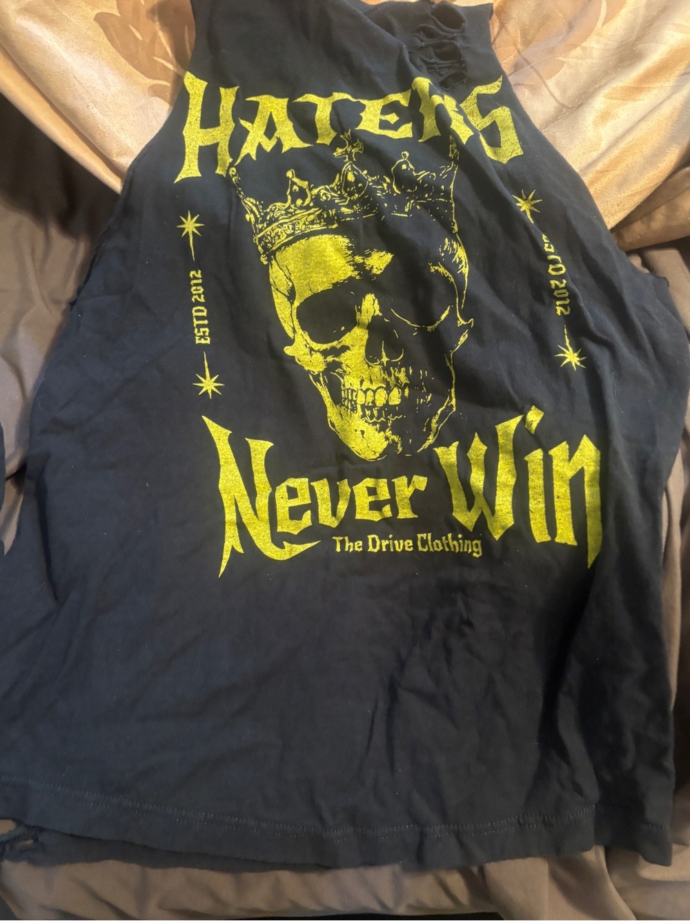 The Drive Clothing Women's Black Muscle Road Rash Tee with Yellow Skull Graphic